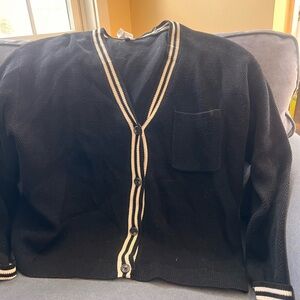 Alo Yoga Black Cardigan Striped Trim Button Front Cozy Knit Athleisure